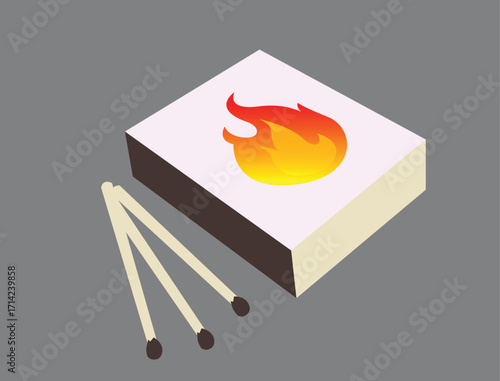 A box of matches with a flame icon on it, and three matches lying beside the box.
