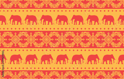 Seamless elephant pattern vector in simple cartoon style, ideal for kids fabric, nursery wallpaper, souvenir design, and textile prints.