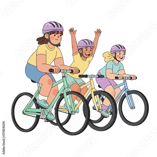 Three cheerful children happily riding bicycles outdoors, enjoying a sunny day and active lifestyle