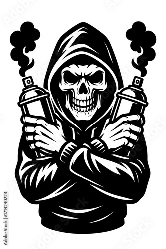 Black and white vector of grim reaper in hooded cloak holding scythe, dark and gothic death-themed tattoo illustration
