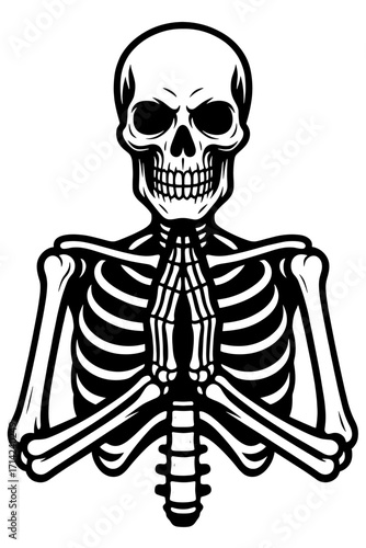 Vintage tattoo-style black and white vector of a male skull with beard and mustache, styled hair and expressive grin
