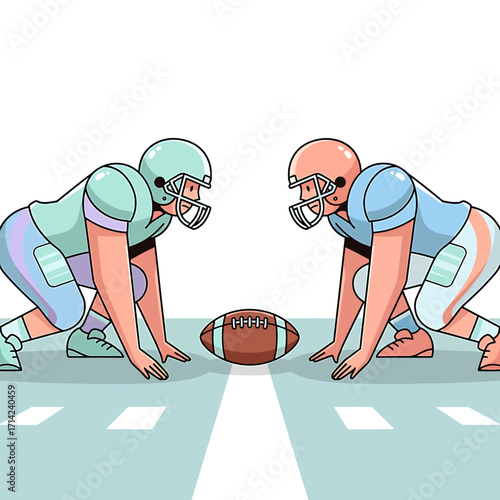 Two American football players in a ready stance facing each other with a football centered between them on a field