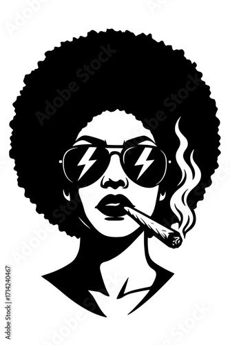 Stylized black and white portrait of a confident woman with an afro hairstyle, sunglasses, and cigarette, retro urban attitude concept
