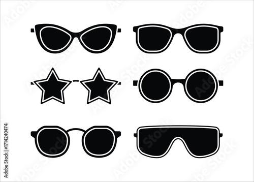 Set black sunglasses cartoon icon collection. Clip art sunglasses. Varied shape glasses on white background. Metal plastic spectacles shapes. geek sunglasses icons.