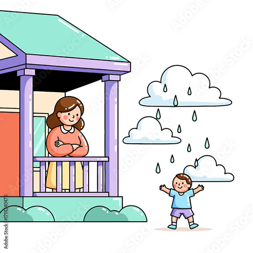 Mom Watching Child Playing in the Rain from Porch