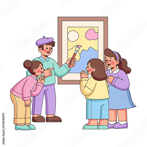 Art Teacher Explaining a Painting to Curious Students in an Art Gallery Education Concept