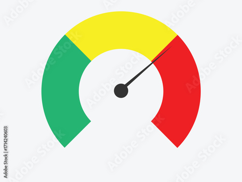 Gauge with needle pointing towards the red zone, indicating a high level or critical state, with green and yellow zones also visible.