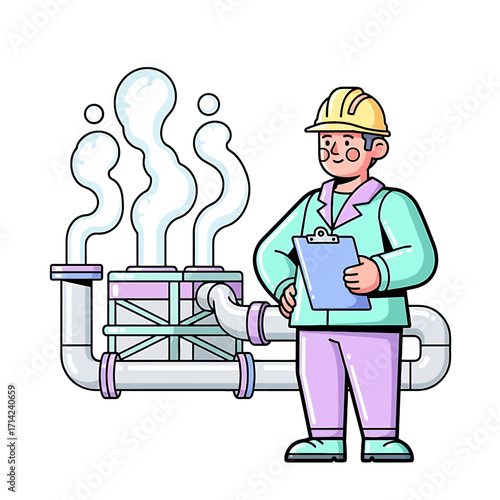 Industrial worker in hard hat inspecting pipes and steam in a factory, vector illustration for safety and industry concepts