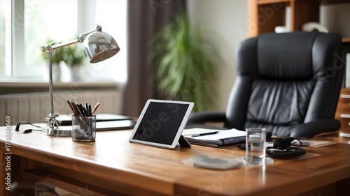Wallpaper Mural A modern home office workspace, featuring a wooden desk, black leather chair, and a digital tablet. Torontodigital.ca
