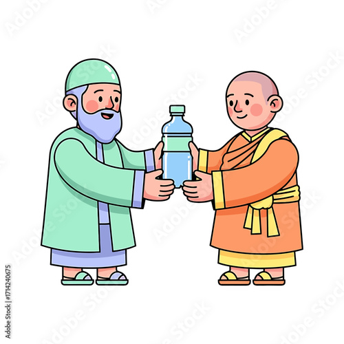 Interfaith unity depicted by a man in traditional attire and a Buddhist monk exchanging water, symbolizing peace, understanding, and shared human values