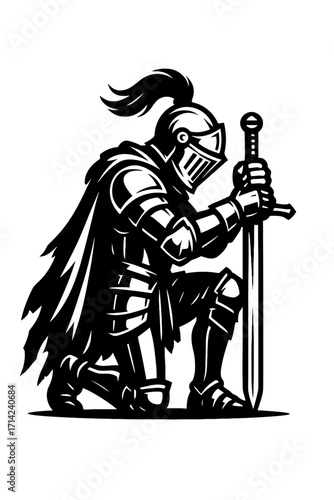 Black and white vector illustration of a medieval knight in armor holding a sword, heroic and bold design in vintage tattoo style
