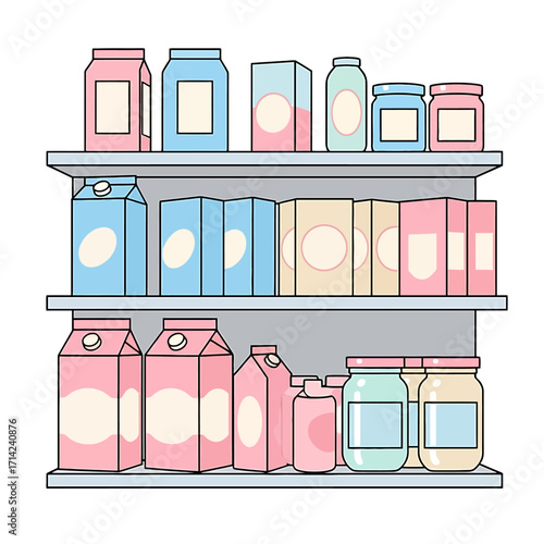 Minimalist illustration of a supermarket shelf with organized rows of generic food products in cartons and jars