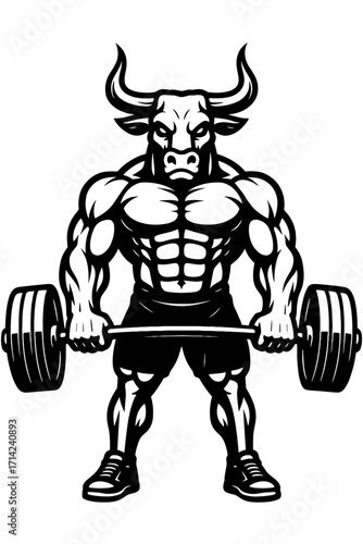 Anthropomorphic bull bodybuilder lifting heavy dumbbells, muscular gym mascot in bold black and white
