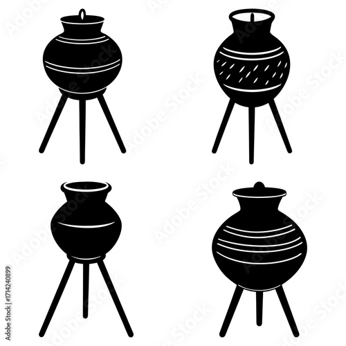 Four black and white illustrations of pots with three legged stands in a simple vector graphic style