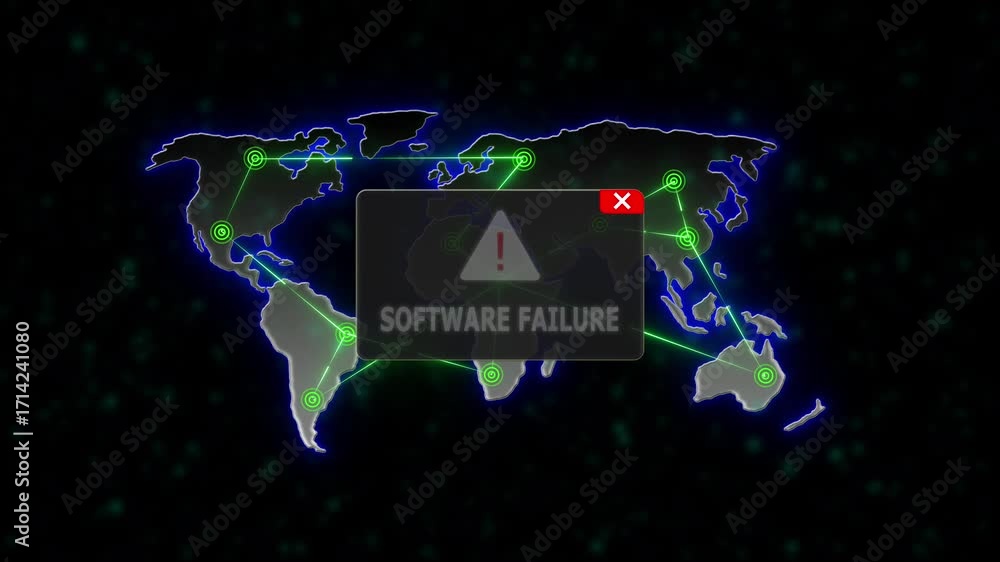 Technology Risk Warning Map SOFTWARE FAILURE Alert Warning Message Attack on World map. radio waves ...