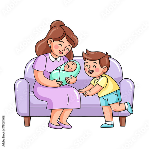 Loving mother sitting on a couch, holding her newborn child, while her older son joyfully greets his new sibling
