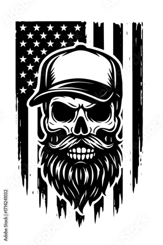 Detailed skull wearing a cap with tattered flag backdrop, gritty black and white patriotic design
