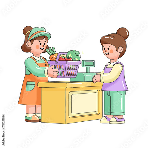 Cheerful cartoon illustration depicting a customer and cashier engaging in a friendly grocery shopping transaction at a vibrant supermarket checkout counter, showcasing daily retail service