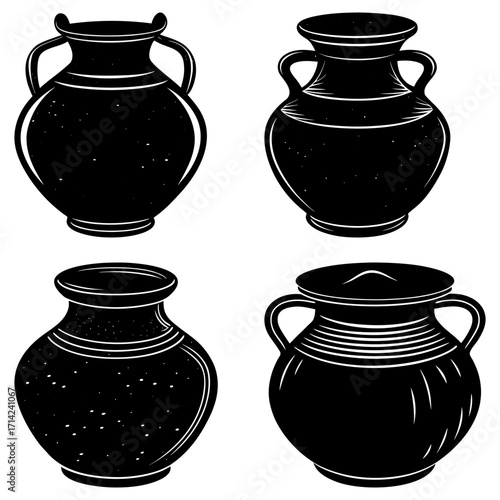 Four black and white vases with different shapes and designs arranged in a square pattern on white backdrop