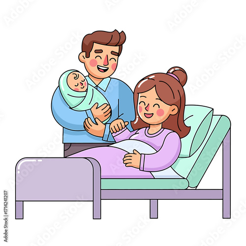 Happy family with newborn baby in hospital bed, celebrating new life and parenthood