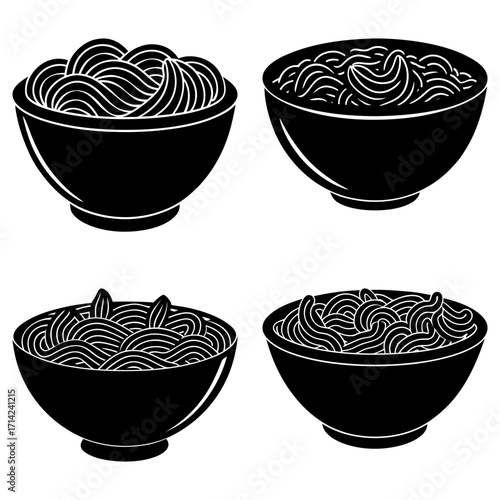 Illustration of four bowls filled with noodles arranged in a square format on white background