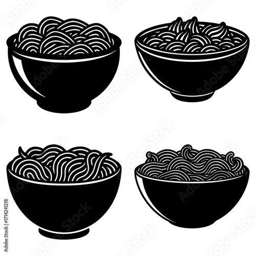 Four bowls filled with stylized noodles or pasta in a simple black and white illustration design style
