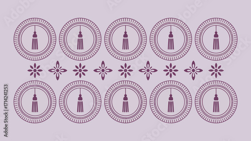 A repeating pattern of circles with tassels and floral designs in a light purple color scheme design art