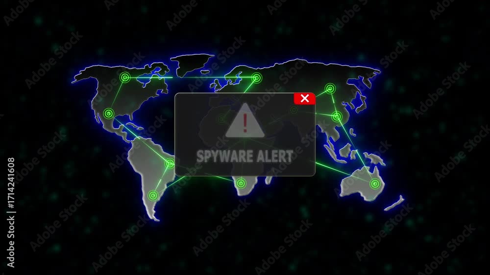 SPYWARE ALERT Alert Warning Message Attack on World map. radio waves ...