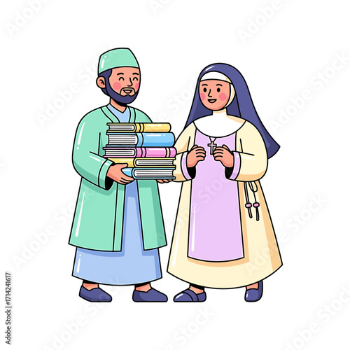 Illustration of a Muslim man and a Catholic nun sharing books, symbolizing interfaith harmony and educational exchange