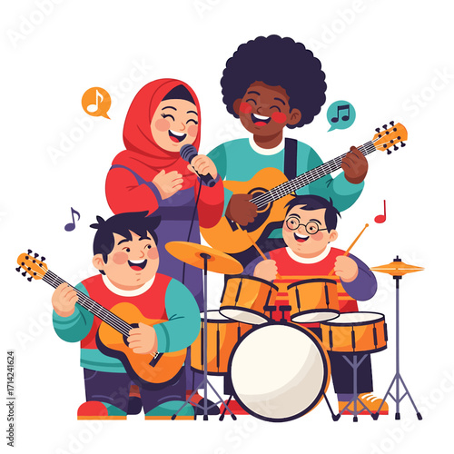 Diversity in Harmony A Cartoon Illustration of a Musical Group Playing Instruments and Singing Together