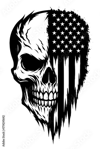 Aggressive skull layered with tattered American flag, patriotic black and white horror fusion design
