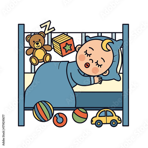 Sweet Dreams and Peaceful Slumber An Adorable Infant Resting Comfortably in a Cozy Crib, Surrounded by Cherished Toys in a Serene Nursery Setting