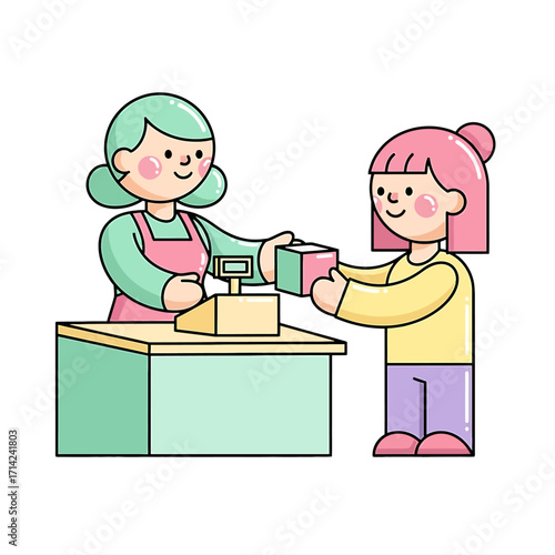 A cheerful customer receiving a package from a friendly shopkeeper at the counter, symbolizing a positive retail experience and successful transaction