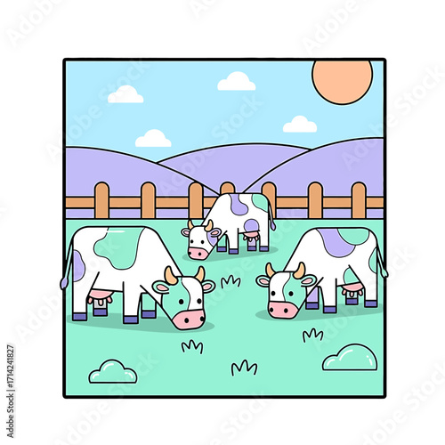 Cartoon Illustration of Cows Grazing in a Field A Colorful and Playful Scene