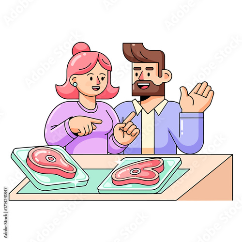 Couple selecting raw steaks at a butcher shop counter