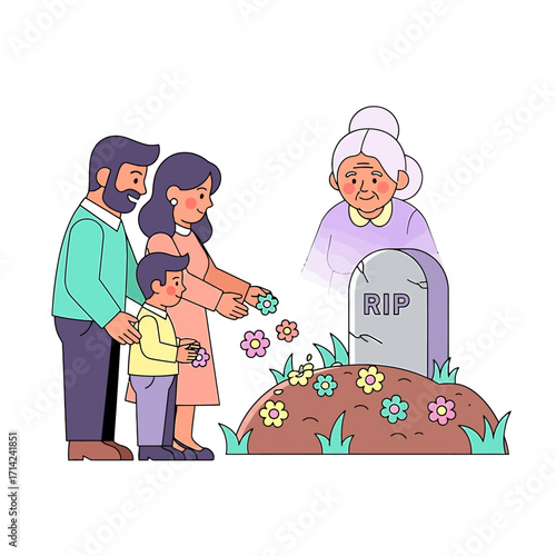 A family, comprising parents and their child, gathers at a gravesite to place flowers, commemorating a departed loved one and symbolizing enduring remembrance, love, and the profound sorrow of loss