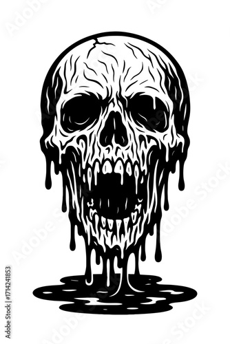 Dripping horror-style skull with melting features and haunting eyes, bold black and white terrifying illustration
