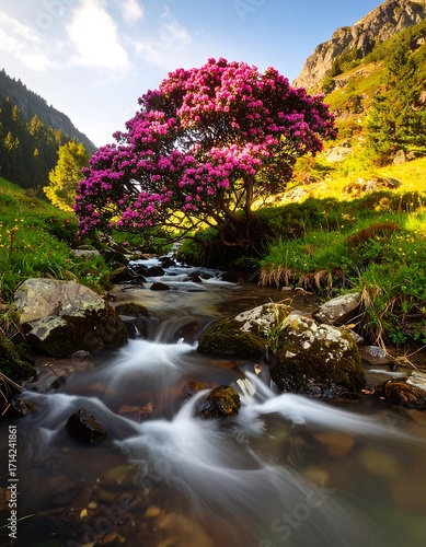 Mountain stream with rhododendron