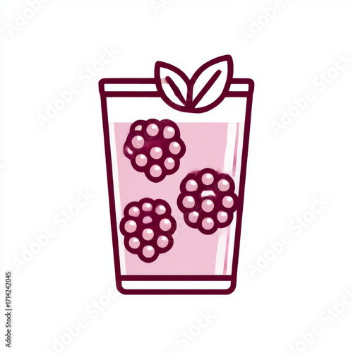 Minimalist blackberry drink illustration with mint leaves in pink and black, representing refreshment and healthy beverage with copy space