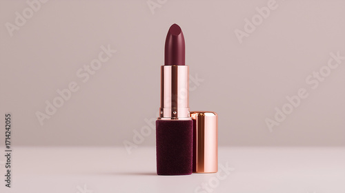 Luxurious Velvet Lipstick Case with Metallic Rose Gold Cap Isolated on Matte Neutral Background, Studio Softbox Lighting Highlighting Texture and Elegance