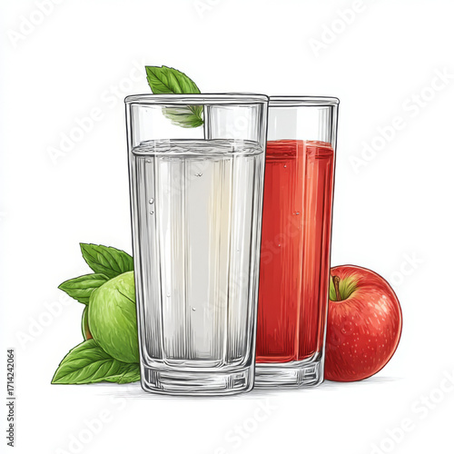 Line art apple juice and water illustration with fresh apples in red and green, representing healthy drinks and hydration with copy space