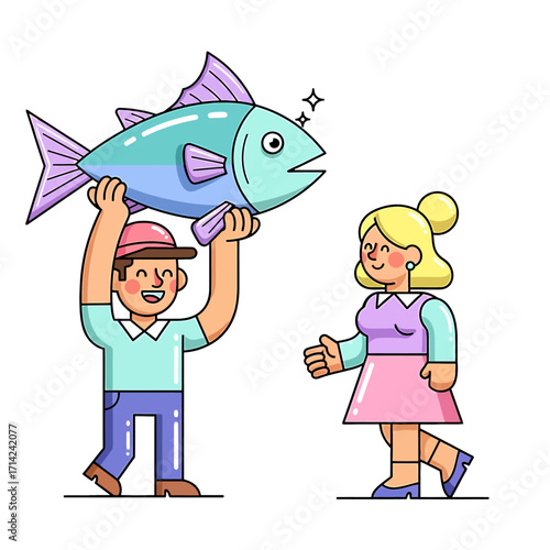 Man proudly presents a large, freshly caught fish to a smiling woman in an illustrative style
