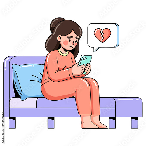 Sad young woman sitting on her bed receives a heartbreaking message on her smartphone, symbolizing a digital breakup and loneliness