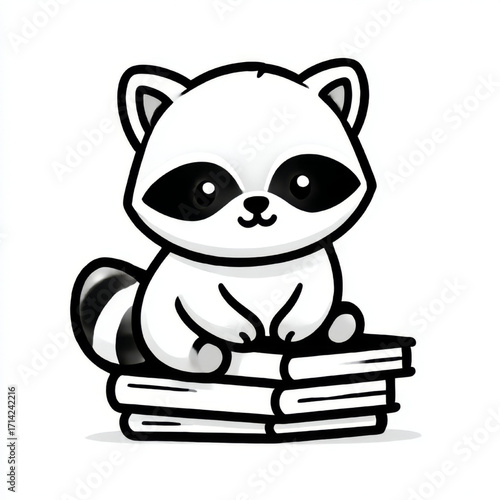 Cute cartoon raccoon studiously sitting on a stack of books against a plain white background with copy space