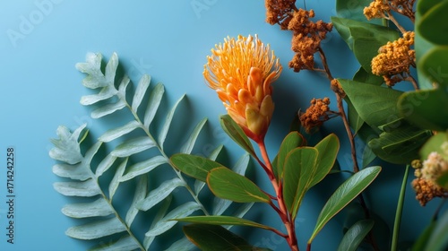 Tropical Orange Protea Flower with Mixed Green Foliage on Aqua Blue Background
