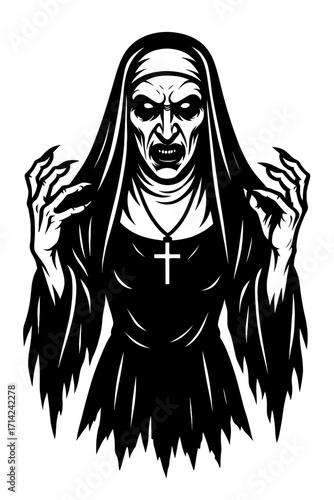 Scary possessed nun with wide eyes, open mouth, and raised clawed hands in black and white horror theme
