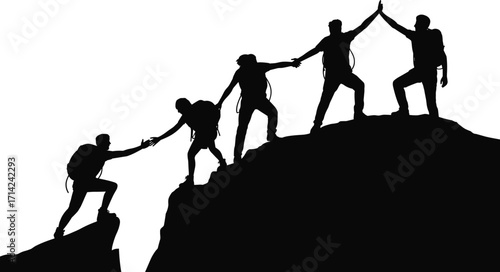 Silhouette, teamwork, mountain climbing, hiking, adventure, cooperation, leadership, helping hands, outdoor challenge, mountaineers, success, unity, group effort, perseverance, support