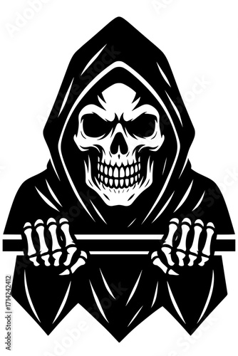 Classic grim reaper with a hood and skeletal hands pointing downward, rendered in bold black and white gothic style
