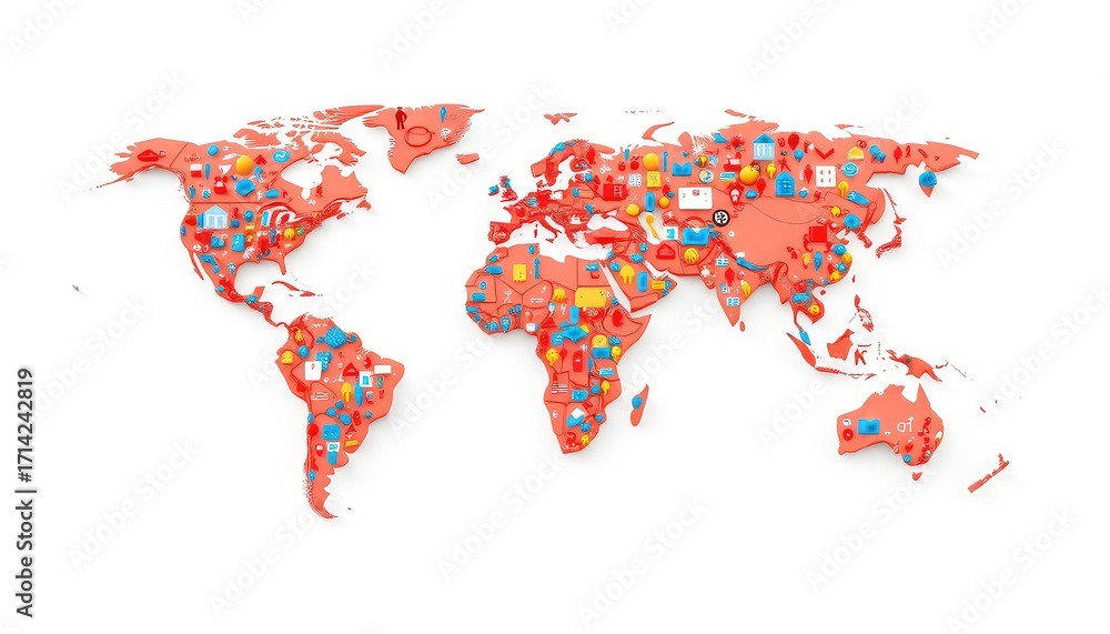 Obraz premium Colorful World Map Depicting Global Concepts with Visual Symbols and Representations on a White Background