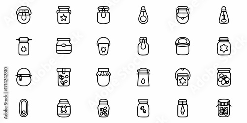 Collection of various jar icons with different shapes and contents in a simple line art style